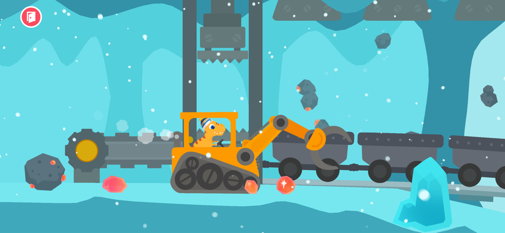 Dinosaur Digger Excavator Game - A dinosaur driving an orange excavator in a snowy cave loading rocks into train cars
