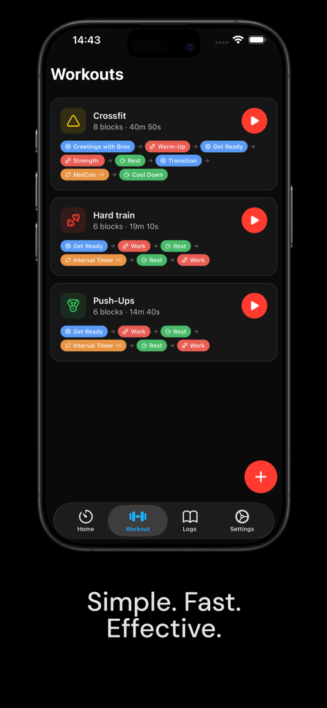 Qrep App-Oberfläche, die eine Liste benutzerdefinierter Workouts mit Intervallblöcken für CrossFit und HIIT zeigt