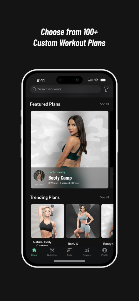 Fitplan app interface displaying featured and trending workout plans from professional fitness trainers on an iPhone.