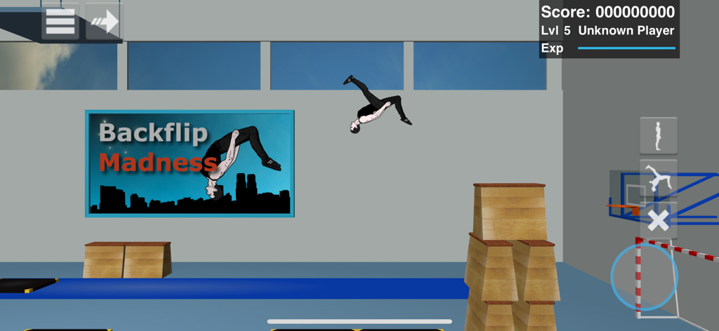 Backflip Madness - A character performing a backflip stunt in a gym setting within the Backflip Madness mobile game