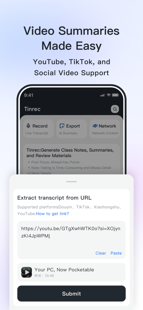 Tinrec Transcribe Voice Notes - Interfaz de la aplicación Tinrec que muestra el resumen y la extracción de transcripciones de video de una URL de YouTube