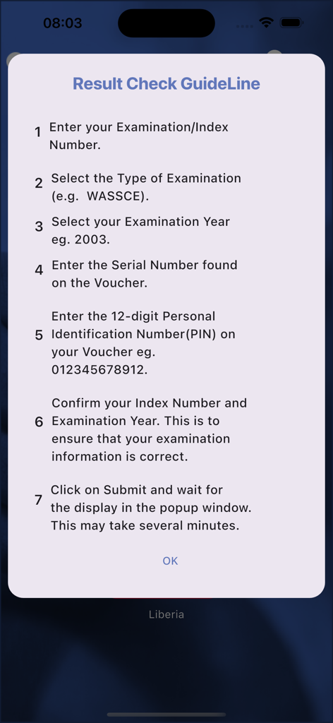 WAEC Result Checker - Instructional guide showing seven steps to check WAEC exam results in the mobile app