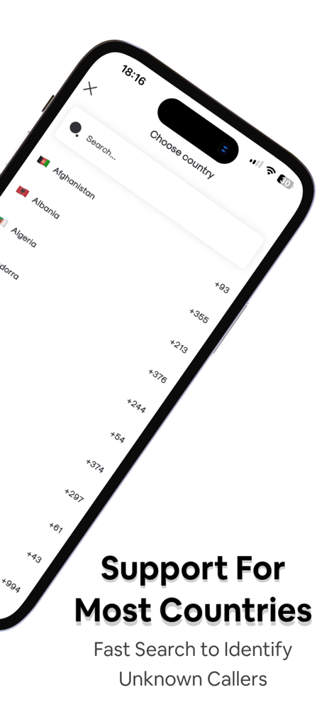 NumberBox:CallerID - NumberBox mobile app interface displaying a list of supported countries for caller identification