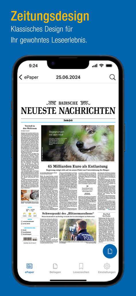 Smartphone affichant le journal numérique BNN ePaper avec une mise en page de type impression classique.