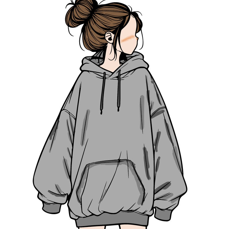 realistic girl with a oversized sweatshirt on and a bun