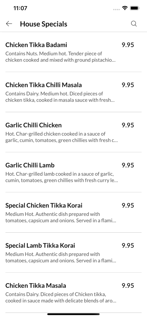 Menu screen of the Marias Indian Dining app showing House Specials like Chicken Tikka and Garlic Chilli Lamb