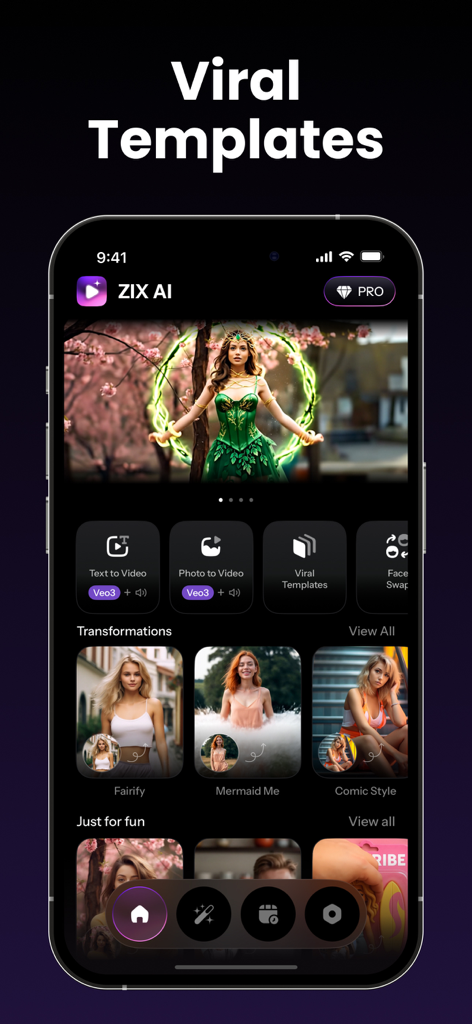 Smartphone screen displaying Zix AI app home page with viral video templates and transformation options