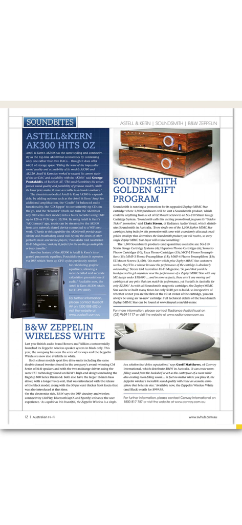 Australian HiFi - A digital page from the Australian Hi-Fi magazine app featuring reviews for high-end audio equipment and portable players