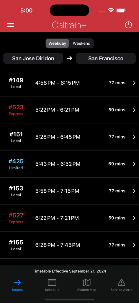 Caltrain plus app interface displaying train schedules from San Jose to San Francisco with service types like Local and Express