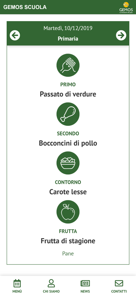 Gemos Scuola - Gemos Scuola app interface displaying a primary school daily menu with vegetable soup chicken bites and carrots