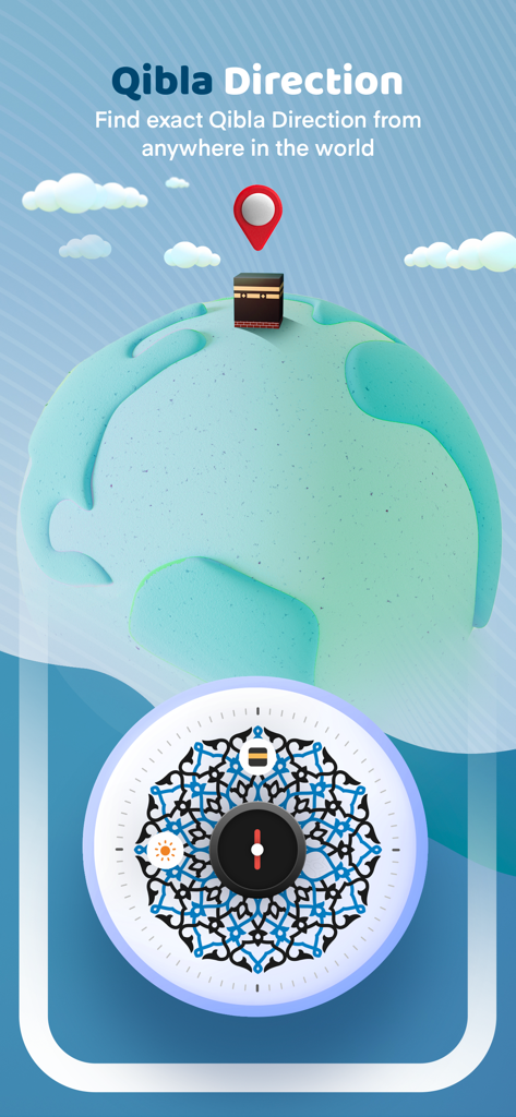 Eine 3D-Illustration eines Globus mit der Kaaba und einem digitalen, verzierten Qibla-Kompass zum Finden der Gebetsrichtung.