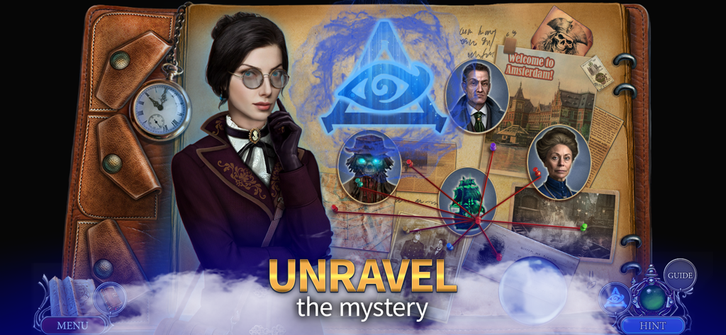 Dark City: Amsterdam Mystery - Agatha the investigator standing in front of a mystery case board with character photos and clues