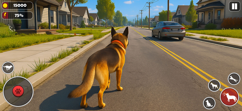 A German Shepherd dog standing on a suburban street in a 3D pet life simulation game.