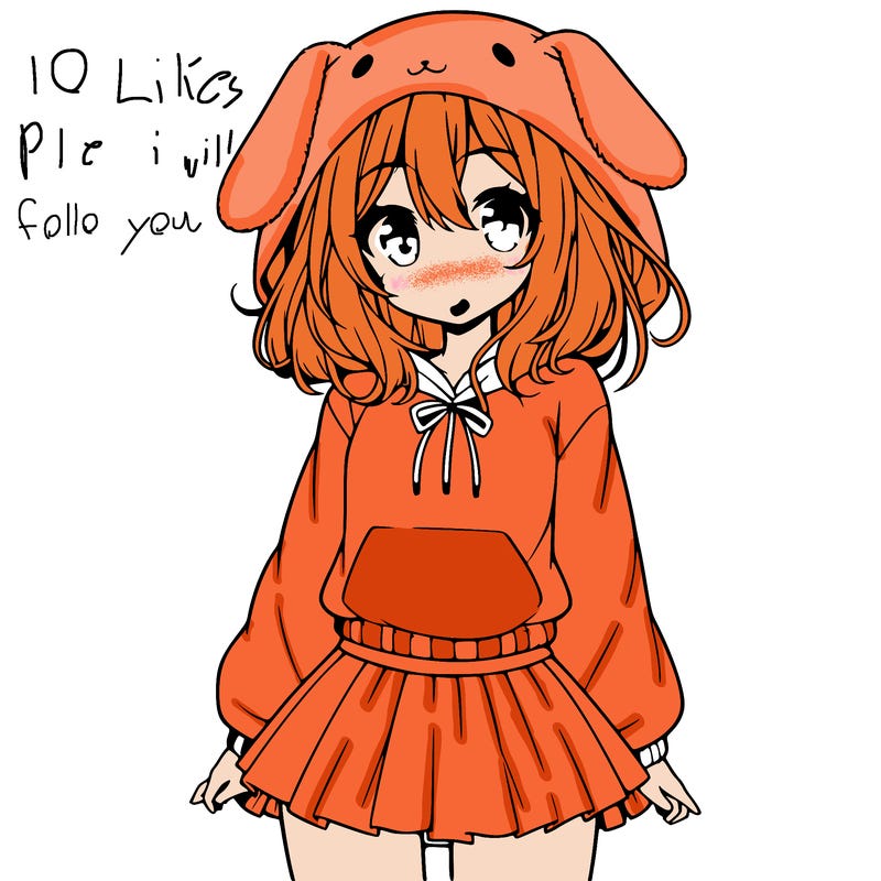 pretty anime girl wearing a fluffy hoodie with bunny ears on the hood and a skirt