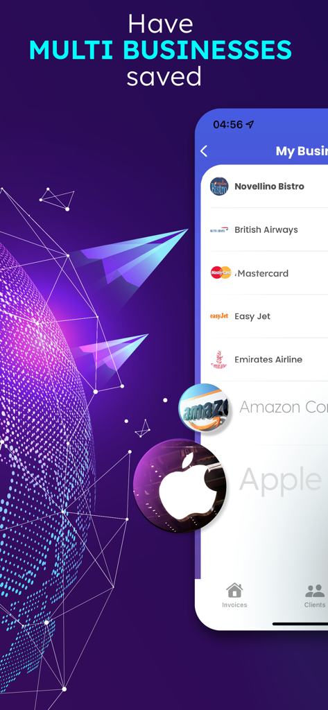 Invoice Maker + Estimate App - Interface showing a list of different saved business profiles in the invoice app