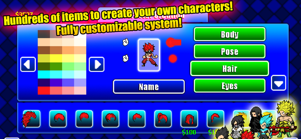 Warriors of the Universe - Pantalla de creación de personajes para el juego de lucha anime Warriors of the Universe.
