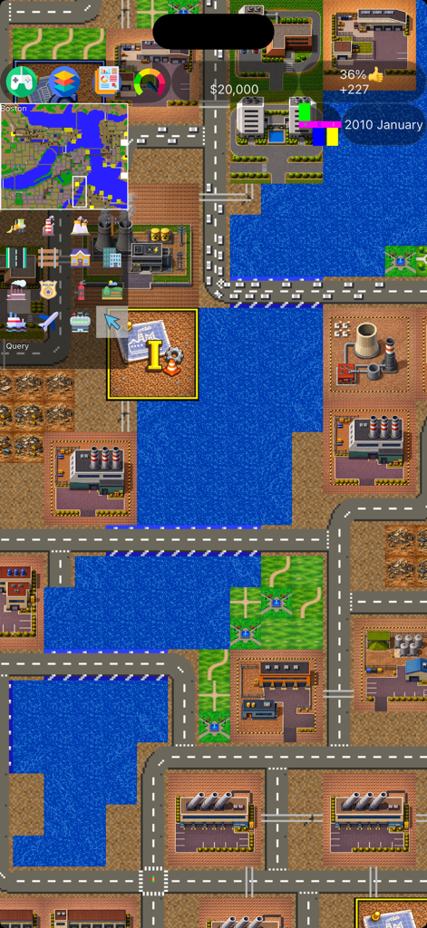 CTMayor - City Simulation - Top down view of an industrial district in CTMayor city simulation featuring factories and power plants