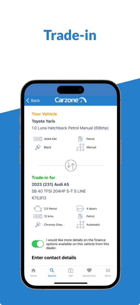 Carzone app screen showing the trade-in feature comparing a user's current Toyota Yaris with an Audi A5.