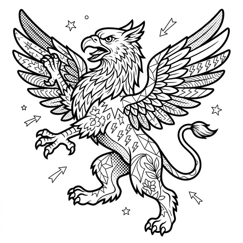 Bring a fierce Opinicus to life with this dynamic Pop Art coloring page. Featuring bold lines and unique patterns, it's a vibrant challenge for any mythical creature enthusiast.