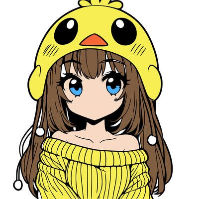 anime girl with chick shaped hat with sweater with bare shoulders with bangs covering them one eye with low tail