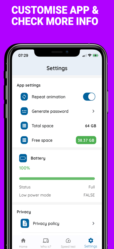 Das Einstellungsmenü der WLAN-Passwort-App, das den Batteriestatus, Speicherinformationen und App-Einstellungen anzeigt