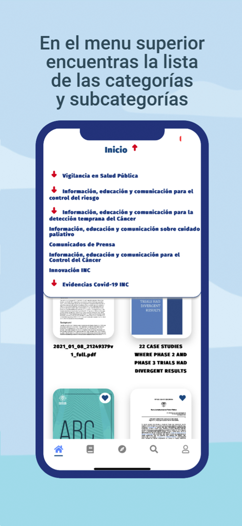 PublINC - PublINC mobile app interface displaying a list of medical document categories and cancer research publications.