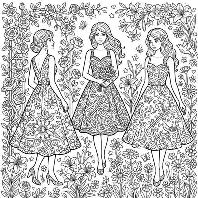 Step into a world of blooming beauty with this intricate adult coloring page featuring elegant sundresses. Perfect for a relaxing spring activity, it offers detailed patterns and lush floral scenes to bring to life.