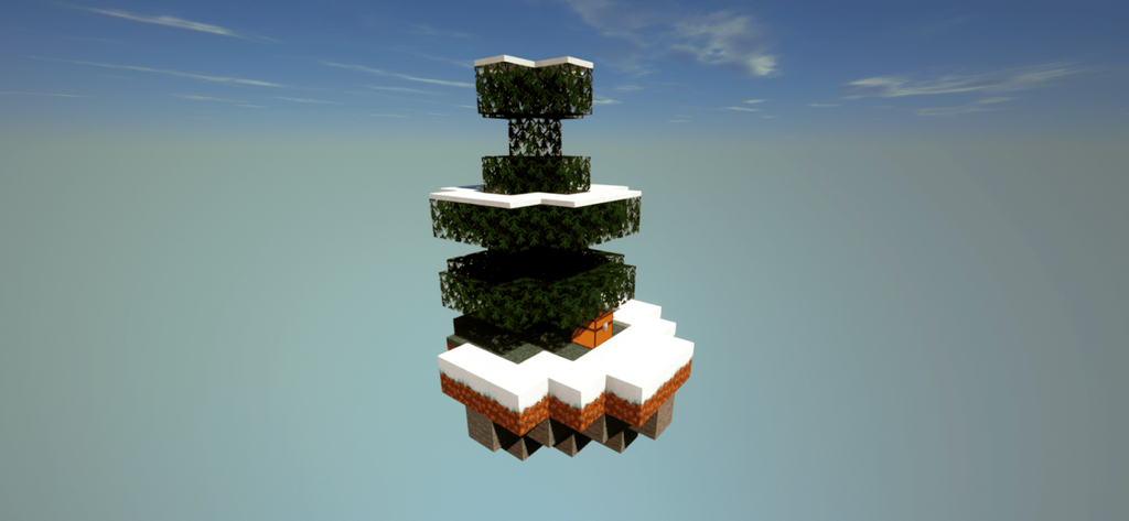 One Block Maps for Minecraft - 맑고 푸른 하늘에 눈 덮인 나무와 상자가 있는 작은 떠 있는 마인크래프트 섬