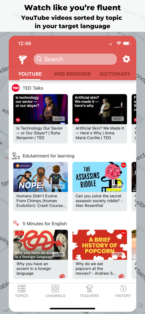 Woodpecker - Language Learning - Woodpecker app interface showing YouTube videos sorted by topics like TED Talks and edutainment for language learners.