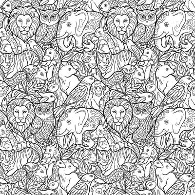 Explore a captivating world of interlocking wildlife with this intricate animal tessellation coloring page. Discover a seamless pattern filled with lions, elephants, owls, and more, ready for your artistic touch.