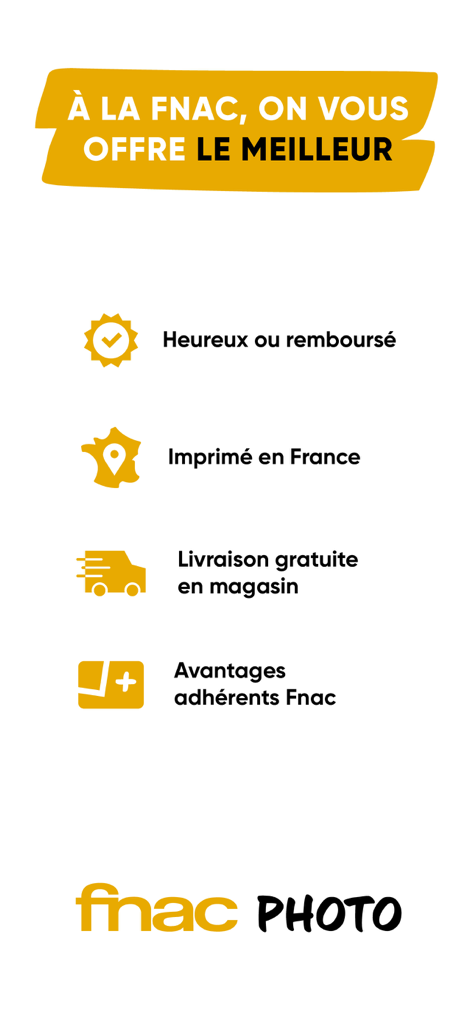 Infographie montrant les avantages de l'application Fnac Photo, notamment l'impression en France et la garantie de satisfaction