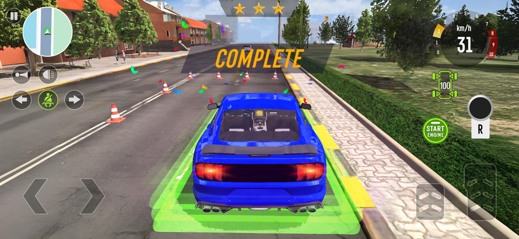 Real Car Driving: School Game - A blue sports car parked in a green zone with a mission complete message in a driving school game