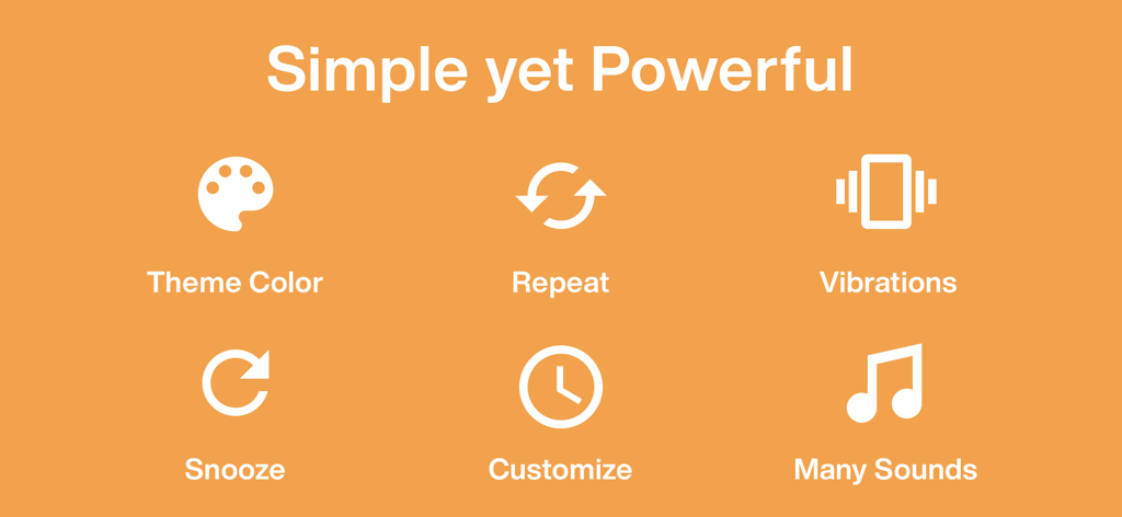 Simple Timer & Alarm ListTimer - Icons highlighting the simple yet powerful features of the ListTimer app including theme customization and repeat functions