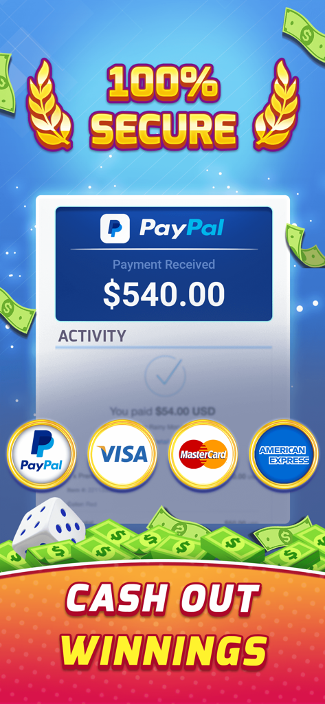 Una pantalla de retiro de ganancias 100% segura que muestra una transacción de PayPal y logotipos de pago de confianza