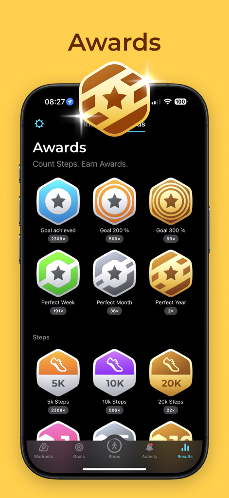 StepsApp awards screen displaying achievement medals for daily step goals and activity streaks.