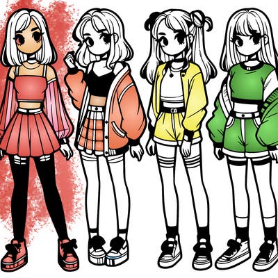 one girl with crop-top shirt and a jacket with a skirt, long socks and another girl with a shirt and pants with a jacket