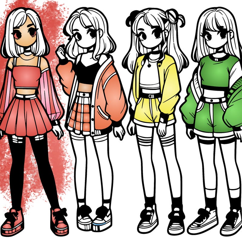 one girl with crop-top shirt and a jacket with a skirt, long socks and another girl with a shirt and pants with a jacket