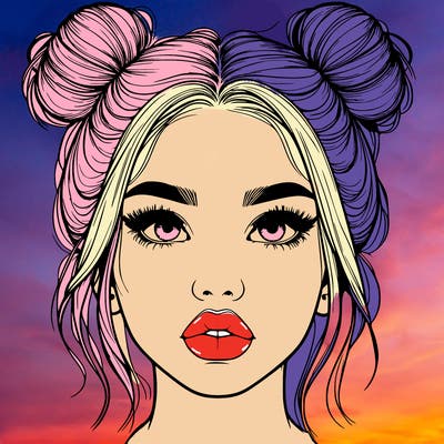 realistic girl with two buns on her hair and lips