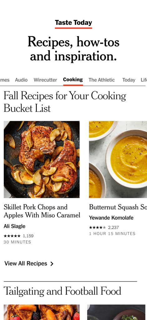 NYTimes: US and Global News - A seção Cooking do aplicativo The New York Times apresentando receitas sazonais de outono como costeletas de porco e sopa de abóbora.