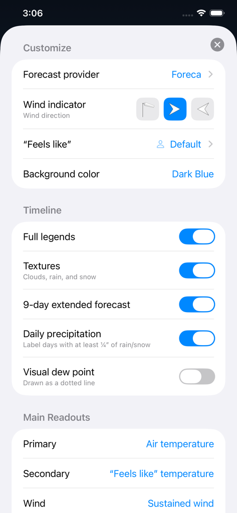 Menu des paramètres de l'application Weather Strip montrant les options de personnalisation des fournisseurs de prévisions et de la chronologie météo.