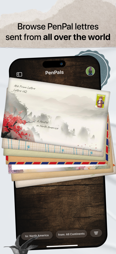 Smartphone screen displaying a stack of aesthetic digital letters from pen pals around the world.