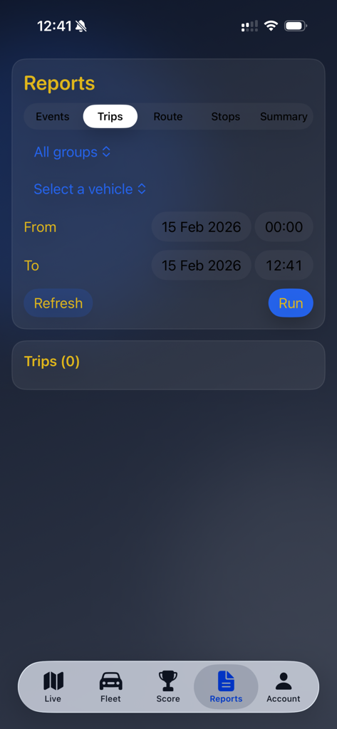 Vehicle trip reports screen in the Tracking Guardian app with date and vehicle filters