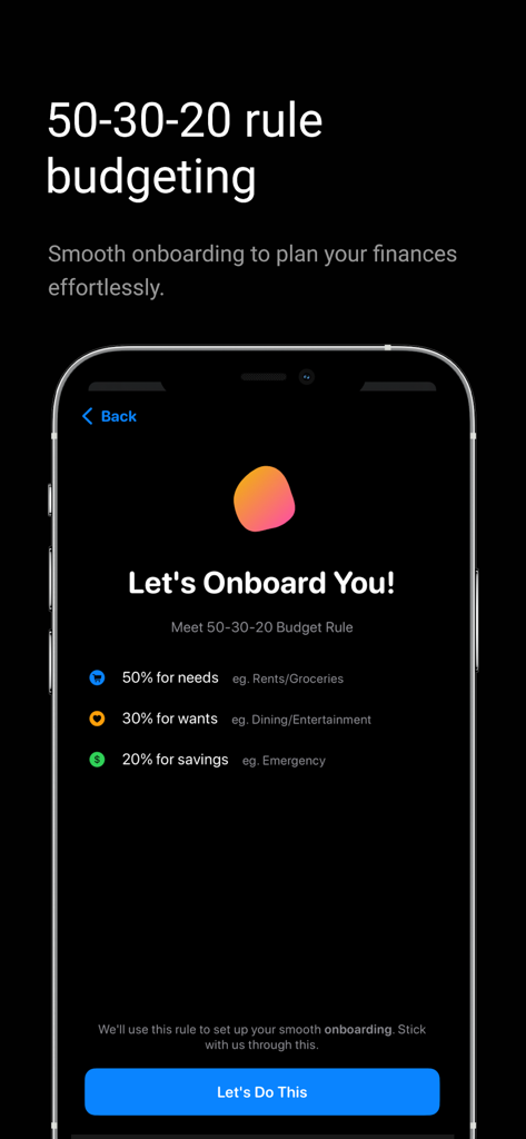 Amigo AI - Expense Tracker - Schermata di onboarding dell'app Amigo AI che mostra la regola di budget 50-30-20 per bisogni, desideri e risparmi.
