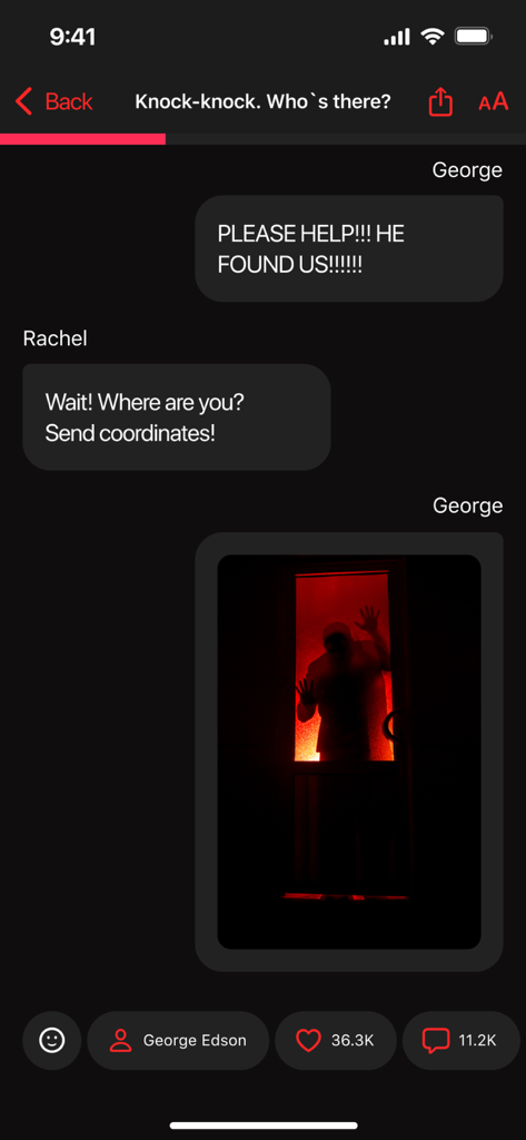 A suspenseful horror chat story interface showing a scary text exchange and a creepy silhouette