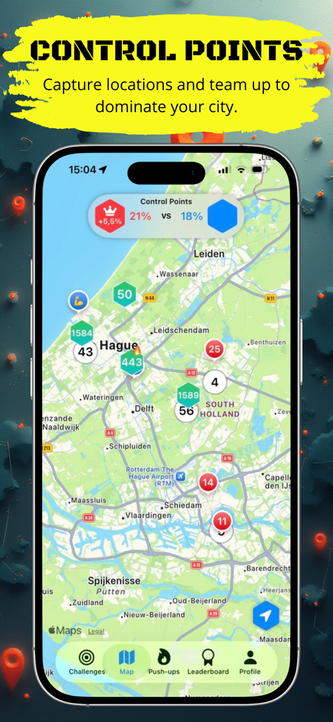Aplicación móvil Push Up Legends que muestra un mapa de la ciudad con puntos de control capturados para batallas de territorio en equipo.