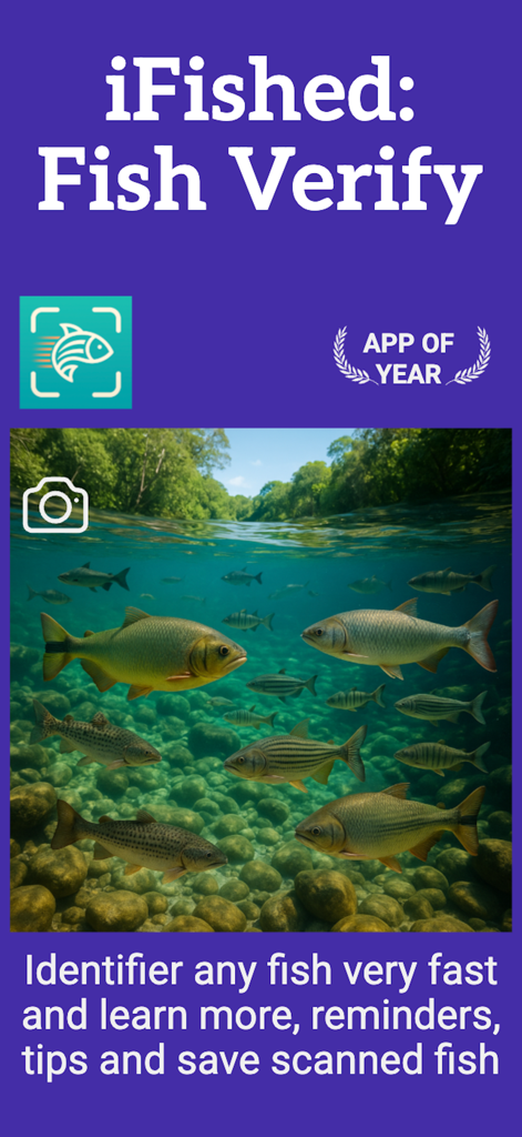 iFished: Fish Verify - Écran promotionnel de l'application iFished Fish Verify montrant un poisson sous-marin et ses fonctionnalités d'identification par IA