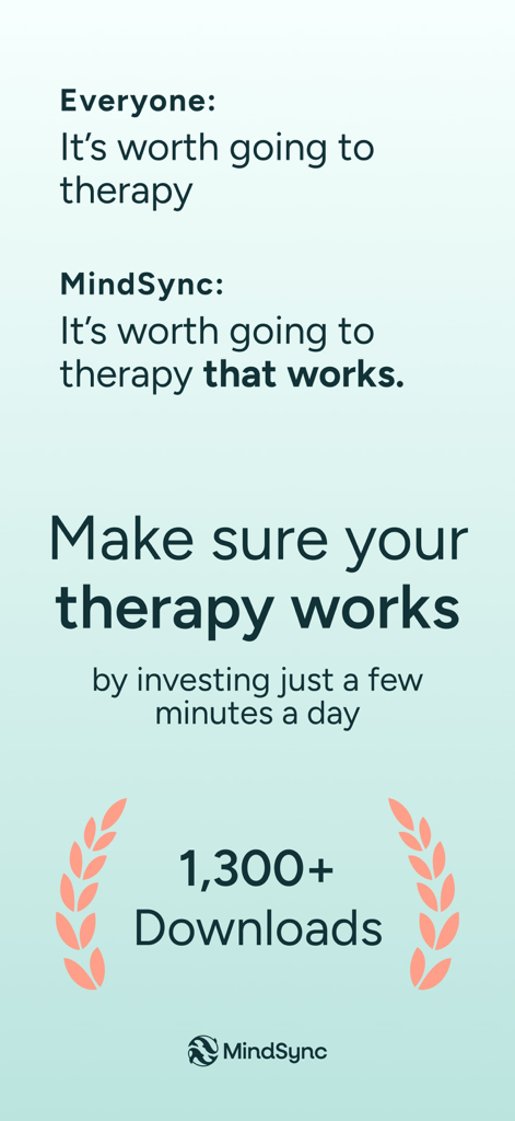 MindSync - Therapy Journal - Pantalla de marketing de MindSync destacando la efectividad de la terapia y el hito de más de 1300 descargas.