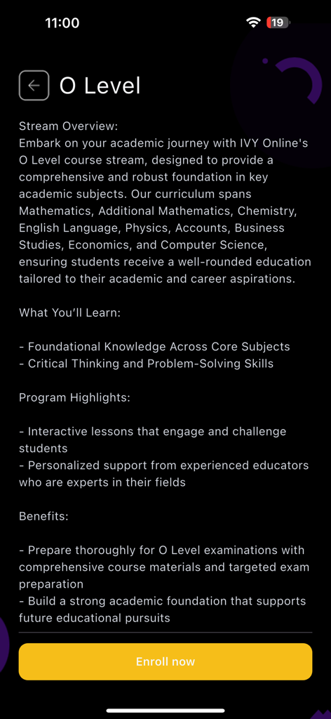 IVY Online - Learning Platform - O Level course overview screen on IVY Online learning platform with enrollment details and syllabus information