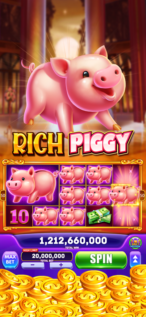 Jackpot Winner Casino Slots - A vertical mobile slot machine game screen with a Rich Piggy theme featuring pink piggy banks and golden coins