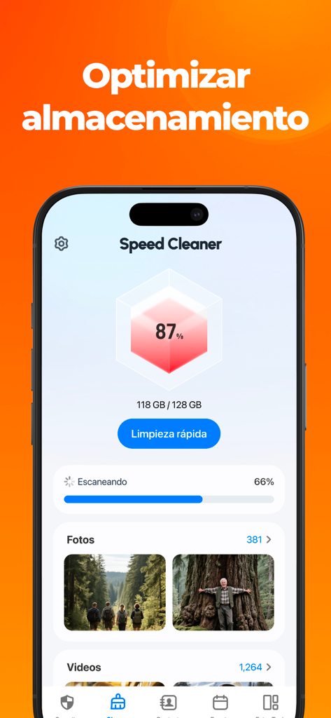 Speed Cleaner: AI Phone Clean - Speed Cleaner app dashboard showing eighty seven percent storage used and photo cleaning options